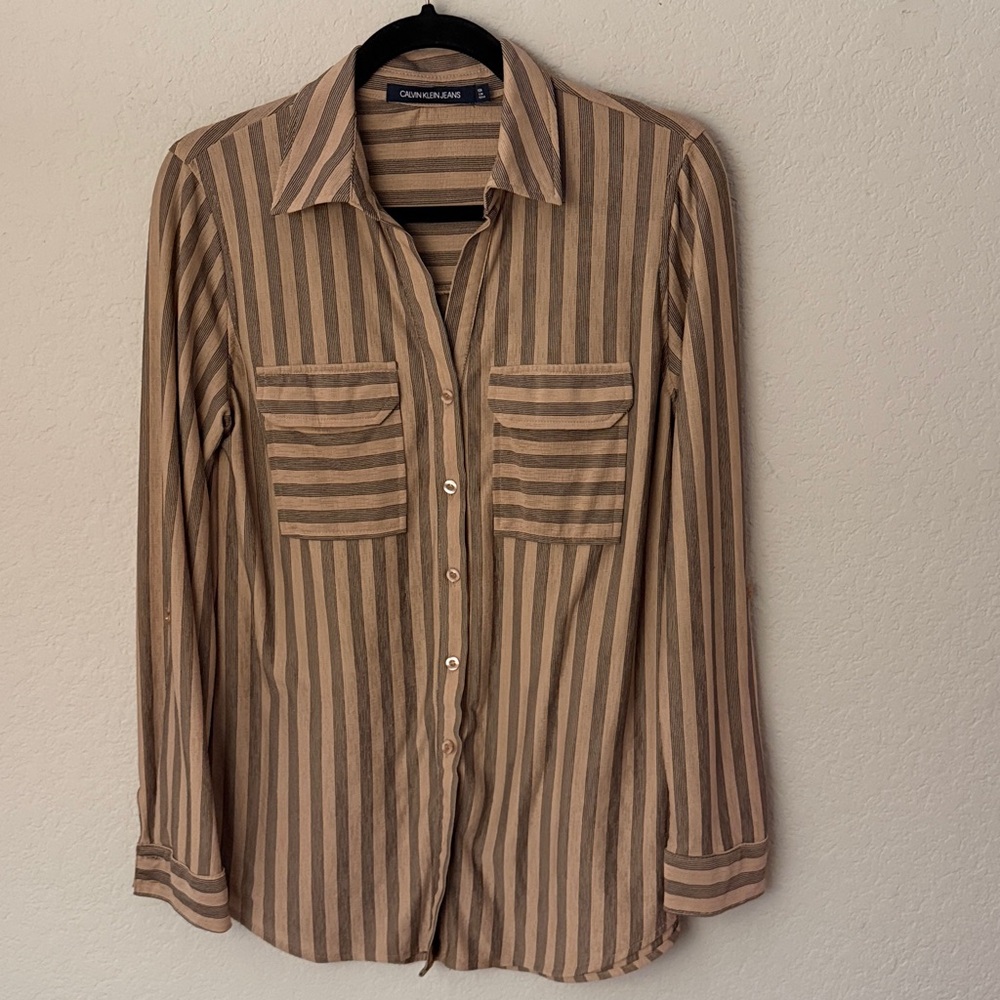 Calvin Klein Taupe and Navy Blue Striped Button Up Small